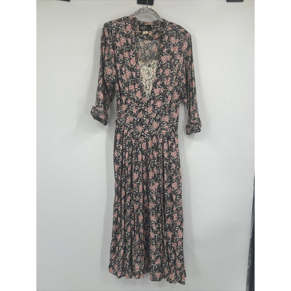 Vintage Dawn Joy Floral Dress Size 7 Pleated Midi 3/4 Sleeve Liberty Print
